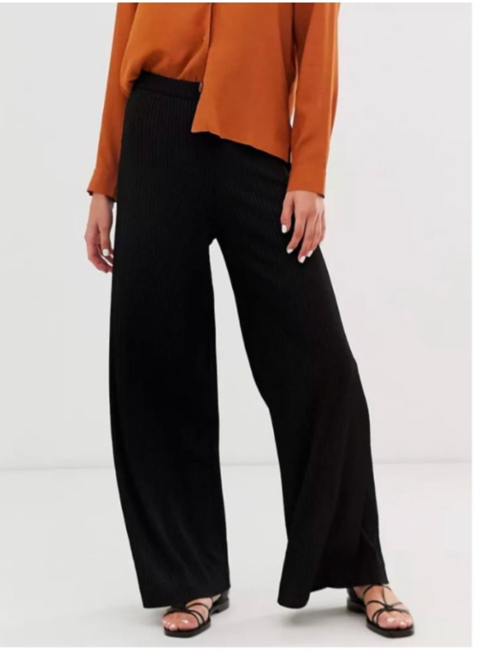 & other stories black wide leg ribbed elastic waist pants